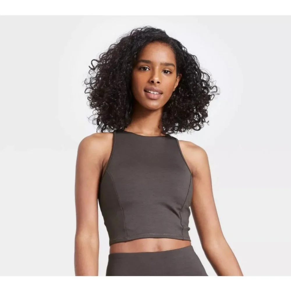 All In Motion Women's Charcoal Heather Gray Crop Athletic Workout Tank Top - Picture 3 of 5